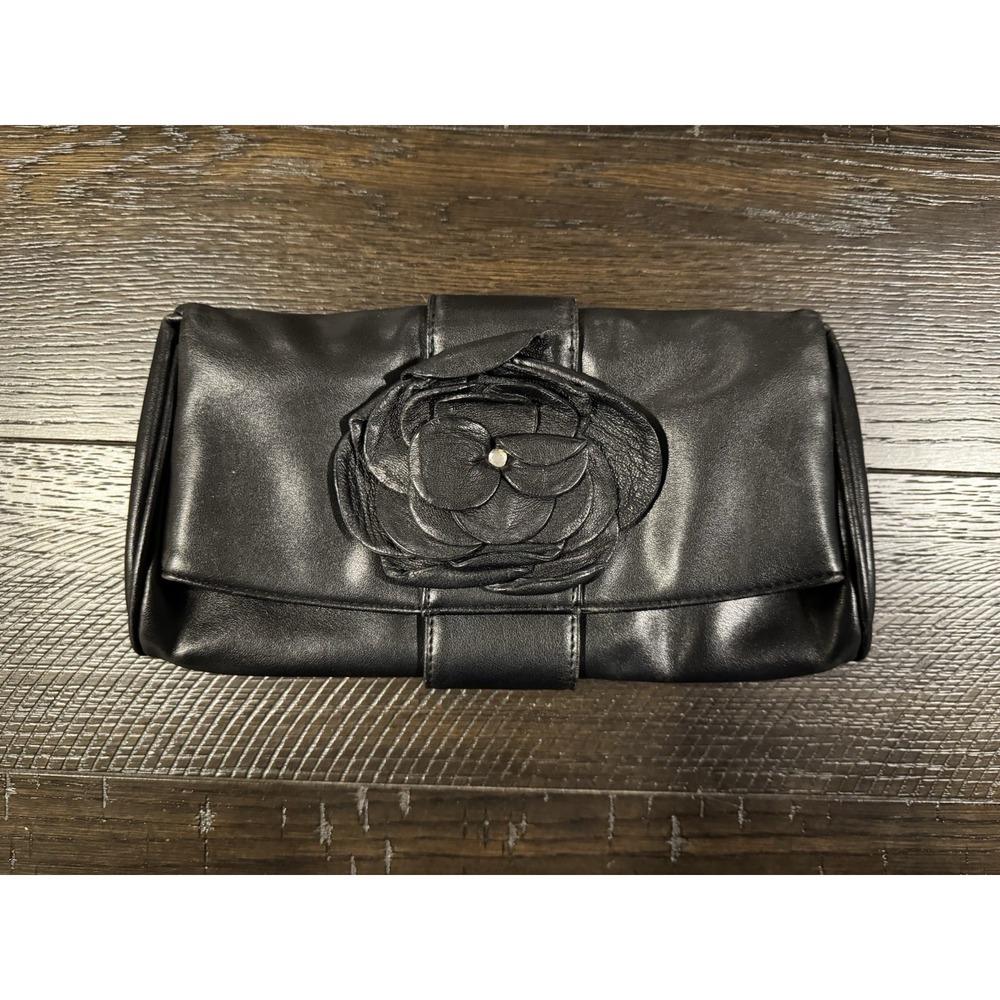 MCXX Vintage Black Leather Clutch Evening Bag 3D Rose Flower Flower Cocktail